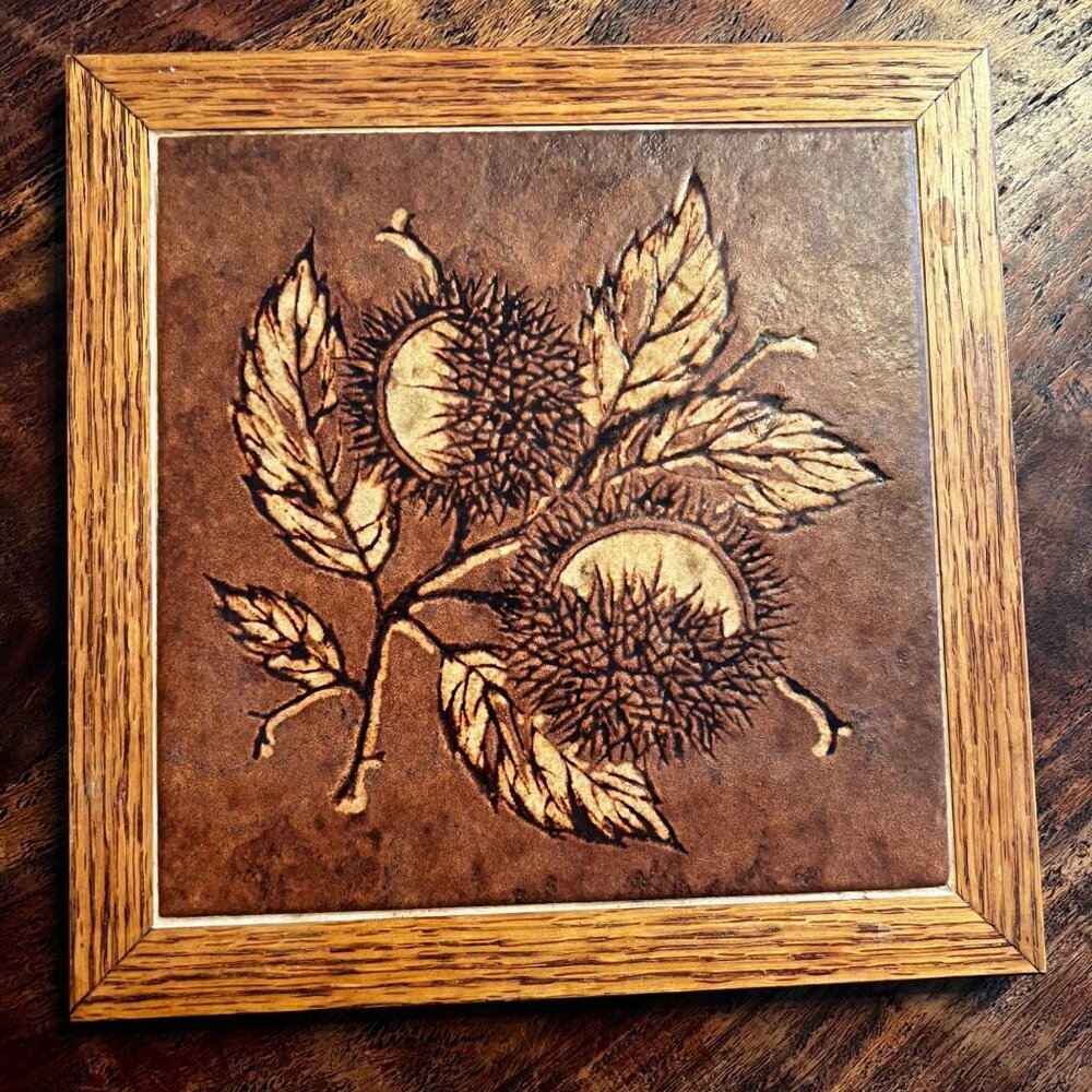 Vintage Oak-Framed Italian Trivet With Chestnut Motif